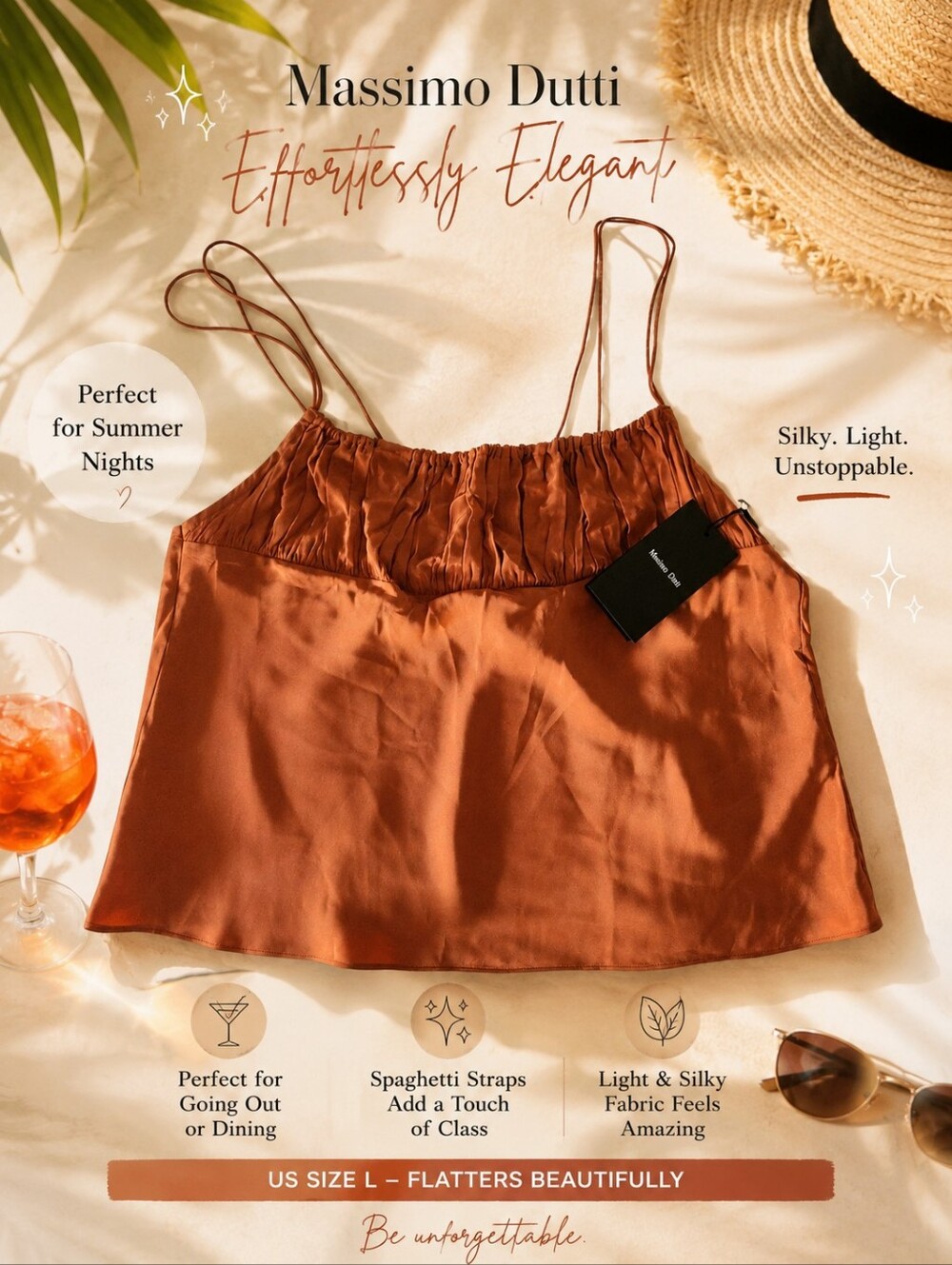 Massimo Dutti Satin Spaghetti Strap Cami - Rust Brown